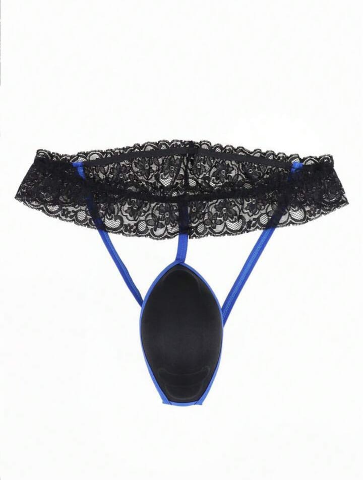 Fashionable Black Cup With Vibrant Blue Trim, Black Waistband With Lace Trim Men's Lingerie